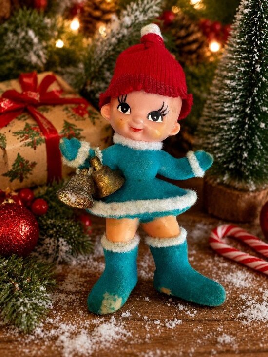 Unknown Other - Vintage Flocked Pixie Elf Ornament With Bells Red Knit Hat 5"